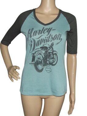 Harley Davidson T-shirt Womens XS Green Gray Shallotte, NC Beach raglan baseball